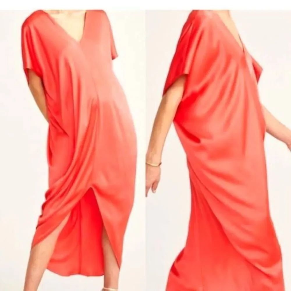 Hatch Maternity Riviera Red Satin Dress Shapeless Midi Cocoon V Neck Sz P